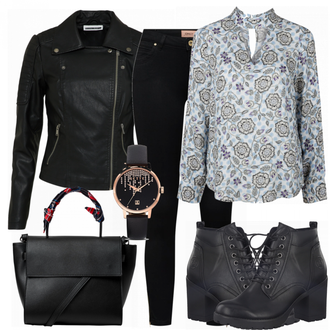 Outfit mit Schwarz/Dunkelgrün Mantel/Bikerjacke/KunstLederjacke/Lederjacke/Motorradjacke Noisy may "BlueEyes"