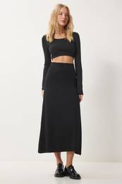 Happiness stanbul Women's Black Ribbed Knitwear Skirt