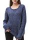 Woolen Bloom Damen Grobstrick Pullover Pulli Oversize Rundhals Langarm Strickpulli Oberteil Casual Kurz Lose Sweater Outwear Blau