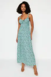 Green Floral Print Straight Cut Tie Detailed Strappy Woven Dress