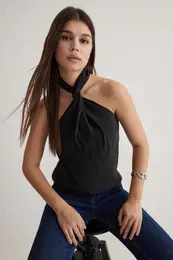 Black Modal Barbell Neck Knotted Woven Blouse