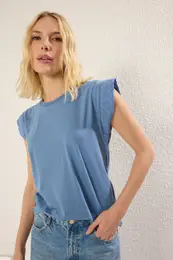 Indigo Brode Sleeve Detail 100% Cotton Padded Look Basic Crew Neck Knitted T-Shirt