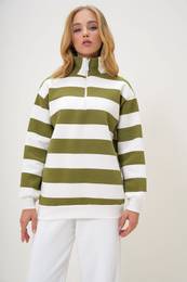 Trend Alaat Stili Women's Fat Green Turtleneck Striped Three Thread Raster Winter Sweatshirt