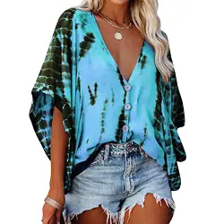 Tie Dye Print Fledermausärmel V-Ausschnitt Top Damen Sommer Fledermaus Kurzarm Chiffon T-Shirt Bluse, Fledermaus Chiffon Top für Frauen Kurzarm Tie Dye Print Fledermausärmel V-Ausschnitt(m-Blau)
