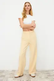 Light Yellow High Waist Wide Leg Pleated Woven Trousers