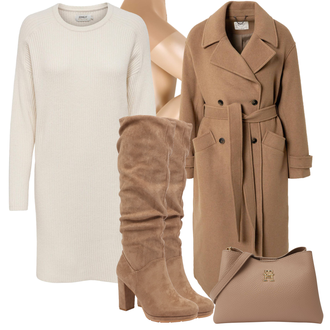 Kombinacije za zimu Kate sa Bež/Kaki/Bijela/Smeđa/Krem Platnena Haljina Dugih Rukava/Džemper Haljina/Zimska Pletena Haljina/Duga pletena haljina Only "Moderan zimski outfit"