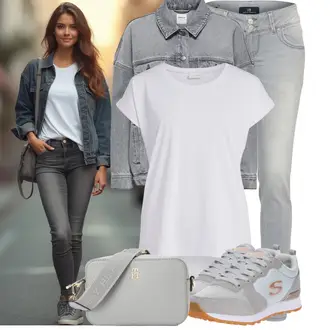 Outfit sa Siva/Krem/Bijela Majica I Top Veći Broj/Bluza Veći Broj/Tunika Vila "Moderan outfit za slobodno vrijeme"