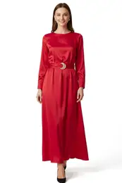Red Belted Wide Cut Satin Evening Jalabiya Dress