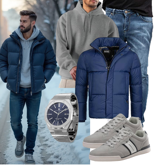 Outfit mit Dunkelblau/Blau Thermojacke/Isolationsjacke/Sommerdaunenjacke/Kunstfaserjacke/Winterjacke/Puffer Jacke/Daunenjacke Indicode "Freizeit Outfit"