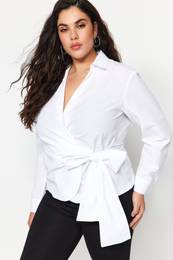 Curve White Double Breasted Tie Detailed Woven Shirt