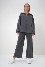 Trend Alaat Stili Women's Anthracite Polo Collar Zippered Jacket and Trousers Set