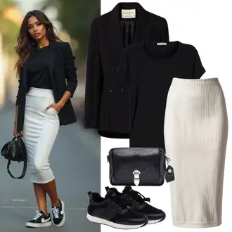 Outfit s Hnědá/Khaki/Béžová Midi Sukně/Sukně do Délky Lýtka/Pletená Sukně/Tužková Sukně/Sukně S Délkou Ke Kolenům/Moderní Sukně/Elastická Sukně Kaffe "Mega krásné jarní outfity"