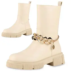 VAN HILL Damen Plateaustiefel Blockabsatz Ketten Schuhe Profilsohle Freizeitschuhe Plateau Vorne Boots Plateauschuhe 202191 Beige 37