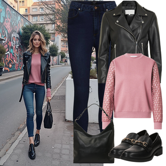 Winter Outfit mit Blau/Dunkelblau Lederjacke/Damen 7/8-Länge Jeans/Cropped Jeans/High Waist Jeans/Push up Jeans/Cuir Chaussures/Thermojeans/男士皮夹克/Winterjacke VERO MODA "Frühlingsoutfit"
