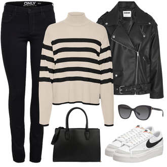 Outfit mit Schwarz/Orange Bikerjacke/KunstLederjacke/Lederjacke/Motorradjacke Noisy may "Übergangslook"