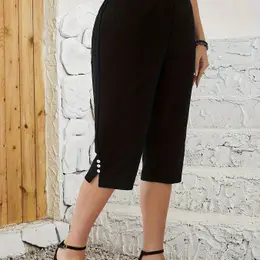 Plus Size Button Decor Slit Capri Pants, Casual Waist Pants For , Women's Plus Size Clothing