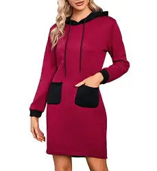 Clearlove Hoodie Kleid Langarm Sweatkleid mit Kapuze Rot Kapuzenpullover Kleid Herbst Winter Dick Kapuzenkleid Farbblock Sweatshirts Kleider mit Tasche M