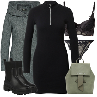 Zima Outfit sa Crna/Tamnoplava Haljina Veći Broj/Pletivo Veći Broj/Tunika About You "Jesenski Outfiti"