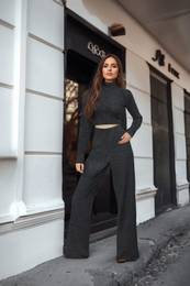 Black Stand-up Collar Soft Crop and Wide Leg Knitted Bottom-Top Set