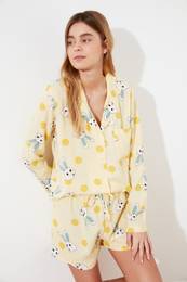 Yellow Rabbit Patterned Viscose Shorts Woven Pajama Set
