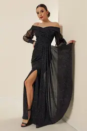 By Sayg Madonna Collar Sleeve Tulle Lined Front Gathered Lycra Silvery Long Dress Silver