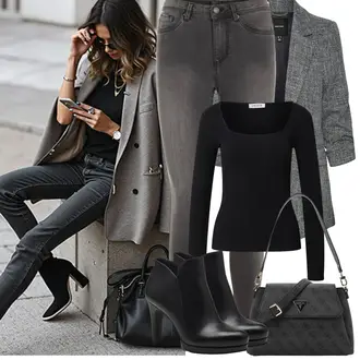 Outfit sa Crna/Bijela Čizmica Gležnjača na visoku petu/Gležnjača s platformom/Kožna gležnjača/Kožna Jakna/Podstavljena Gležnjača/Čizma na visoku petu Tamaris "Proljetni Outfit"