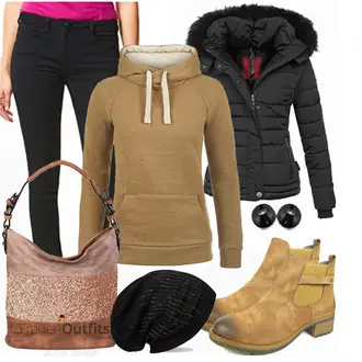 Gefütterte Outfit mit Braun/Beige Wasserdichter Stiefel/Winterschuh/Flache Stiefelette/Gummistiefelette/Winter Stiefelette/Gefütterte Stiefelette/Lederjacke/Chelsea Boot Rieker "Navahoo Mantel"