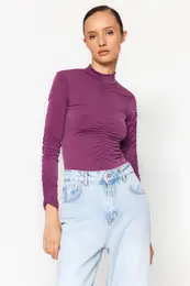 Purple Slim Gathered Detailed Snap Snap Elastic Knitted Bodysuit