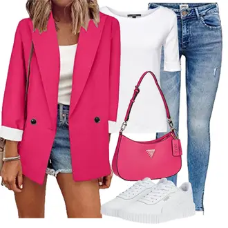 Coole Outfit mit Rosa Jeans-Blazer OMZIN "Modisches Frühlingsoutfit"Look: Stil, Büro, Workwear, Business, Moderne, Lagenlook, Casual, Preppy, 80er, Smart Casual, Coole