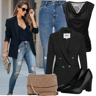 Slim fit Outfit mit Schwarz Zweireiher Blazer Only "Perfektes Büro Outfit"