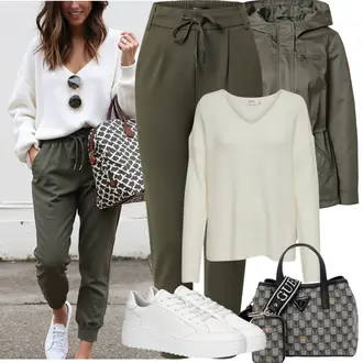 Streetwear Outfit mit Weiß/Creme Leder Sneaker/Sneaker Low/Plateau-Sneaker/Schmaler Sneaker About You "Frühling outfit"Look: Uni, Esthetische, Casual, Schick, Lack, Löwe, Sportlich, Streetwear, Trendige, Unisex, Bad Taste, Coole, Extravagante