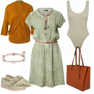 Outfit mit Grün/Hellgrün/Dunkelgrün Cord Kleid/Kleid mit Gürtel/Safari Kleid/Gesmoktes Kleid/Vintage Kleid Eight2Nine "Alltagslook mit EthnoTouch"