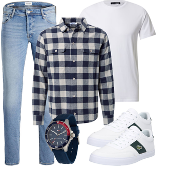 Schlichte Outfit mit Hellblau/Blau Slim Fit Jeans/Lederjacke/Leder Schuhe/Push up Jeans/Low Rise Jean/Winterjacke/Jeans mit Schlitz/Regular-Fit Jeans/Knöchelstiefel/Herren Lederjacke/Schlupfjeans/Low Waist Jean/Tapered-Jeans Jack & Jones "Cooles Outfit"Look: Uni, Classic, Coole, Schön, Old Money, Premium, 70er, Schlichte, Casual