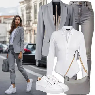 Blazer outfits su Kremo spalva/Pilka Odinė Striukė/Džinsai Aukštu Juosmeniu/Capri Džinsai/Biker Džinsai/Odinės Bateliai/Džinsai su Skeltuku/Džinsai su Skylute/Push up Džinsai Only, Šviesiai Pilka/Pilka/Tamsiai Pilka/Ruda Object, Pilka Delninė/Laiškų Piniginė/Mini Krepšys Kazar "Pavasario laisvalaikio apranga"