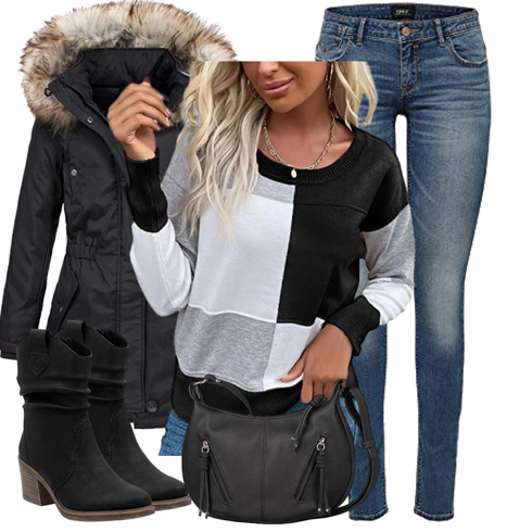 Schwarz/Beige Vintage Stiefelette/Gefütterte Stiefelette/SommerStiefelette/CowboyStiefel/Western Stiefelette Rieker kombinieren mit Schwarz/Mischfarben/Weiß/Dunkelgrau Glitzer Pullover/Gestreifter Pullover/Oversized Pullover/Norweger Pullover Generisch