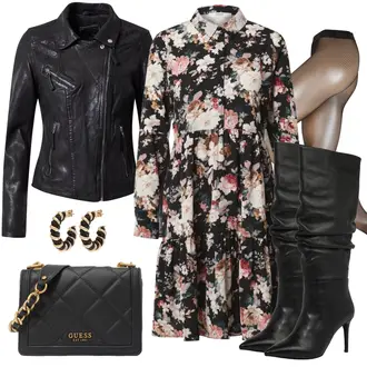 Outfit mit Schwarz/Grau Mantel/Bikerjacke/KunstLederjacke/Lederjacke/Motorradjacke/Vintage Lederjacke Oakwood "Florales Alltagsoutfit"