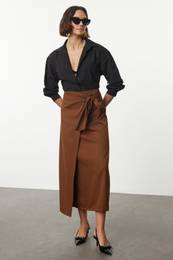 Brown Double Breasted Tie Detailed Linen Look Woven Skirt