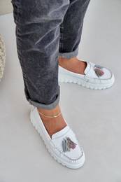 PE1 Leather Women's Moccasins With Fringes On Platform And Wedge White Eleazetta
