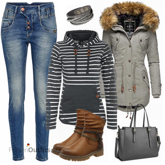 Steppung Outfit mit Grau/Dunkelgrün/Braun/Khaki/Beige Outdoormantel/Duffle Mantel/Daunenmantel/Mantel mit Fellkragen/Wintermantel/Parka MARIKOO "Grauer Alltagslook"