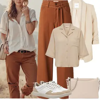 Kombinacije za bucmaste Ured sa Bež/Kaki Nekategorizirano Pieces, Bež/Kaki/Smeđa Bluza i Tunika/Bluza Veći Broj Only "Proljetni Outfit"Look: Ured, Šik, Sveučilišna, Chic, Disko, Prevelik, klasický, Radna odjeća, Mom, moderne, Stil, Safari