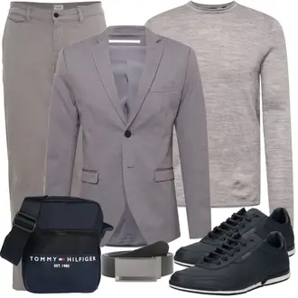 Classic Outfit mit Hellgrau/Grau Blazerjacke/Boyfriend Blazer/Lässiger Blazer/Lederjacke/Baumwoll ­Blazer/Eleganter Blazer/Strick­blazer/Sweatblazer/Lederjacke für Männer Jack & Jones "Alltags Outfit"Look: Business, Büro, Smart Casual, Edel, Classic