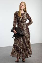 Brown Leopard Patterned Belt Detailed Lined Pleated Chiffon Woven Dress