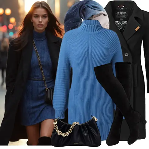 Schwarz High Heels Stiefel/Langer Stiefel/Overknee Stiefel/Kniehoher Stiefel/Socke Schuh Hitmars kombinieren mit Hellblau/Blau Cord Kleid/Pulloverkleid/Winter Strickkleid/Strickkleid Youning
