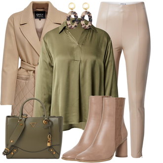Lang Outfit mit Dunkelgrün/Hellgrün Bluse und Tunika/Bluse mit Stehkragen/Oversize Bluse/Satinbluse/Seidenbluse More & More "Neutraler Alltagslook"