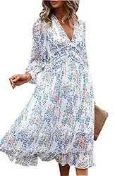 ZIYYOOHY Damen Lange Kleid Chiffon Rüschen mit Tief V-Ausschnitt Blumendruck Sommerkleid Cocktailkleid Partykleid Maxikleid Strandkleid Blusenkleid Langarm (L, 3055-Weiß)