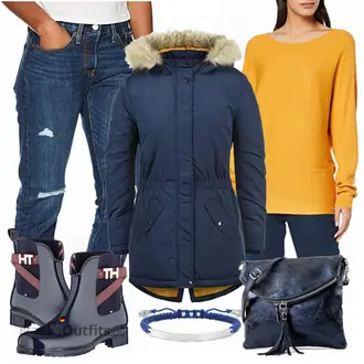 Outdoor Wasserdicht Outfit mit Blau/Dunkelblau/Hellblau Outdoormantel/Mantel mit Reißverschluss/Daunen & Steppmantel/Daunenmantel/Kapuzenmantel/Wintermantel/Parka Only "ONLY Paola"Look: Schön, Outdoor, Sportlich, Maritim, Prinzessin
