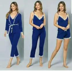 Dames Katoen Pyjama   4-delige set   Katoen nachtkleding   Katoen nachthemd   Elegant Katoen Ochtendjas   Cadeau voor dames   Kleur: Blauw   Maat: XL