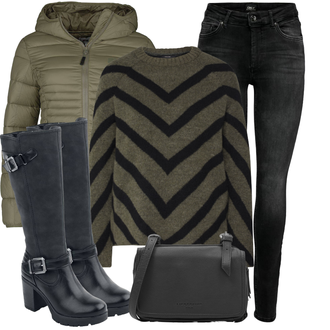Outfit mit Schwarz/Dunkelgrau/Grau Lederjacke/Biker Jeans/High Waist Jeans/Jeans mit Schlitz/Push up Jeans/Slim Fit Jeans/Cuir Chaussures/Thermojeans/Winterjacke Only "Winterliches Freizeit Outfit"