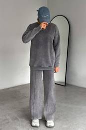 Anthracite Washed Oversize Thick Polar Fleece Knitted Sweatshirt