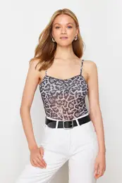 Multicolored Animal Printed Adjustable Straps Special Textured Strappy Flexible Knitted Blouse